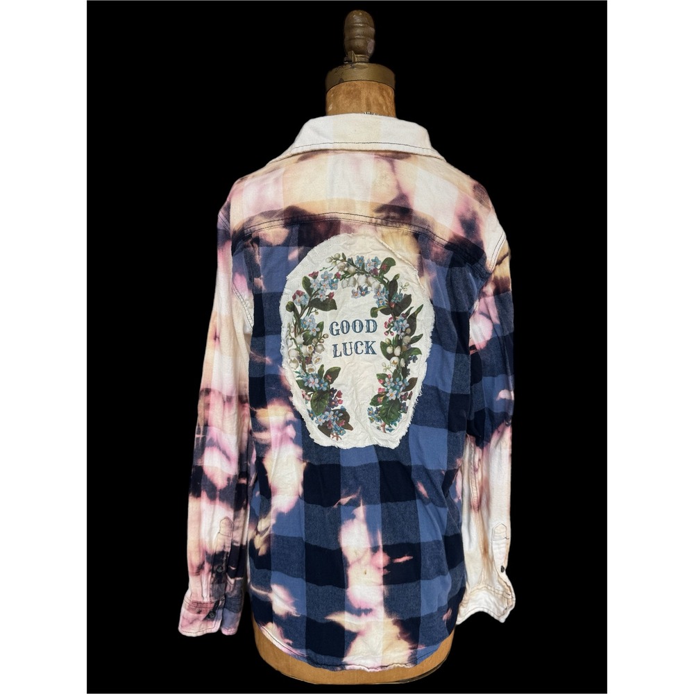 One-of-a-Kind Bleached Buffalo Plaid Flannel Shirt | Good Luck Back Patch | M